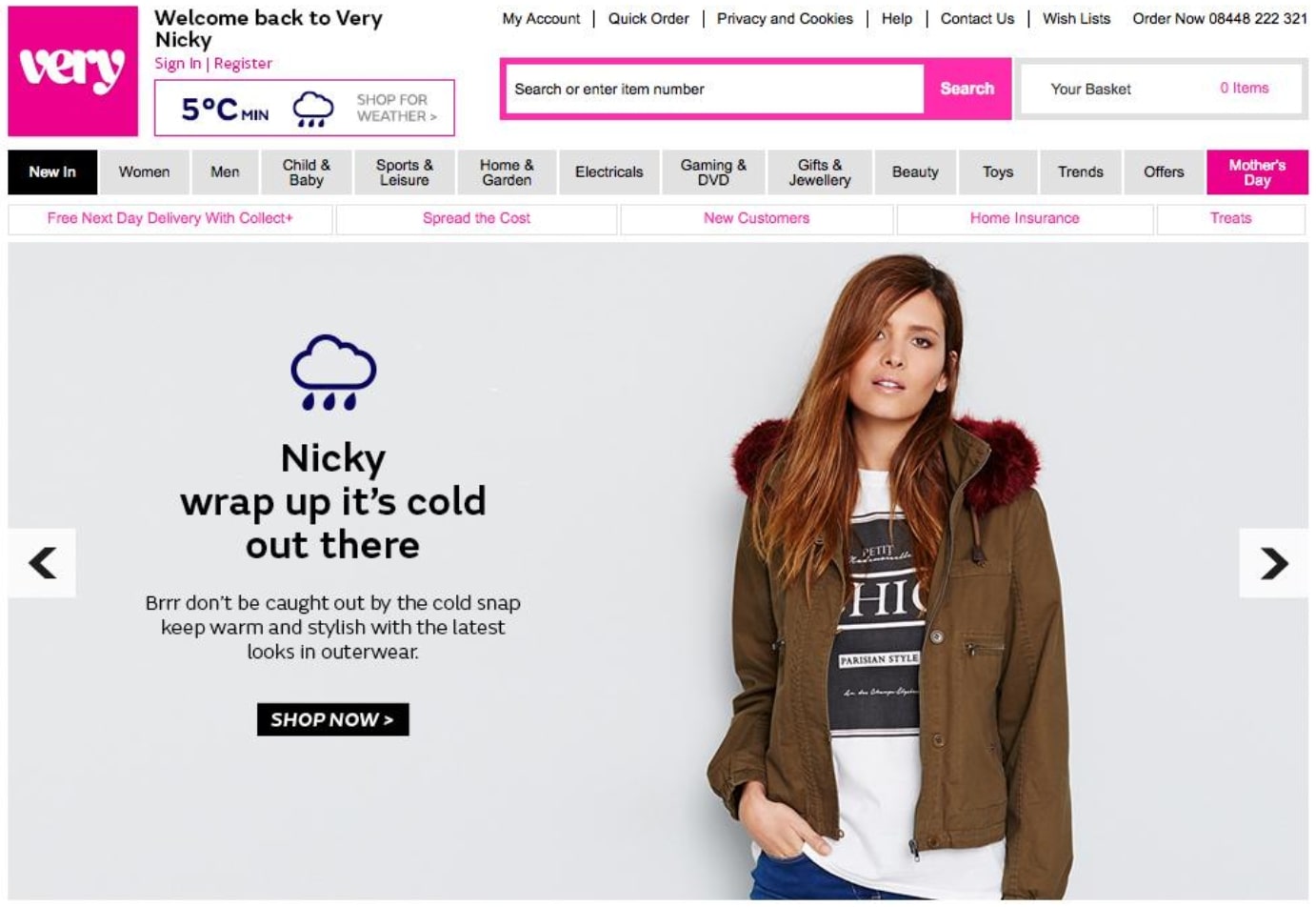 screenshot of verys website showing personalized message about clothing to wear with the weather a customer has