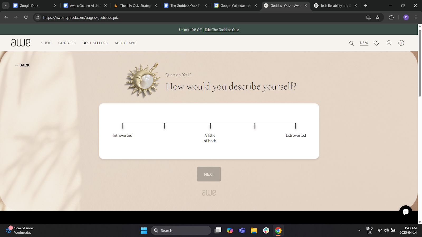 Goddess Quiz featured in site navigation