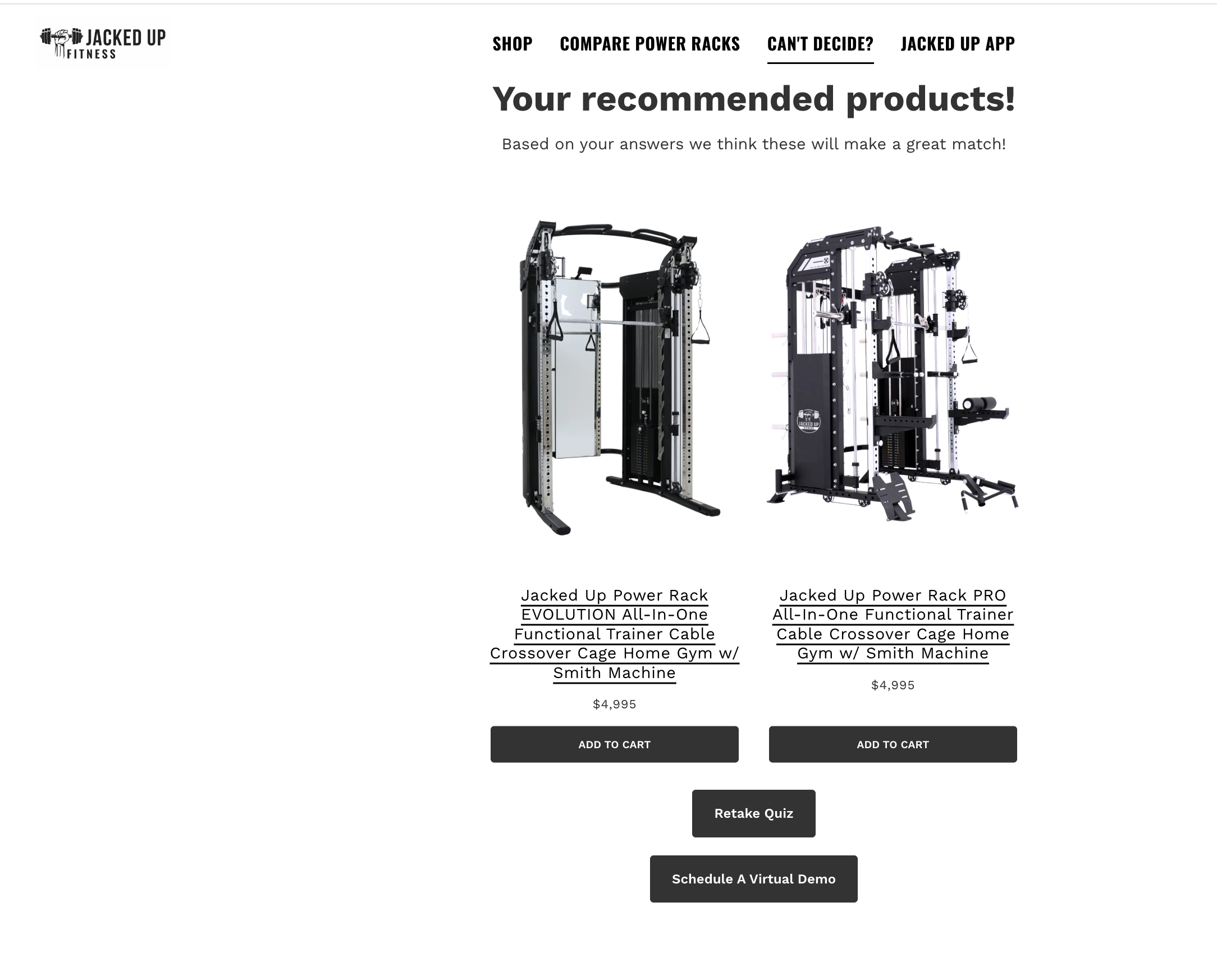 Jacked Up Fitness quiz - personalized recommendations