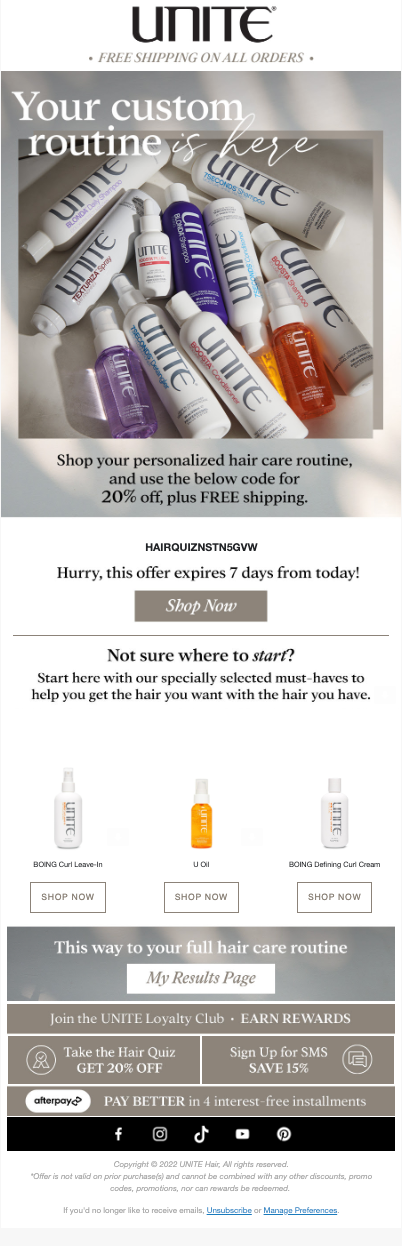 UNITE HAIR Post-Quiz Email with Discount Code